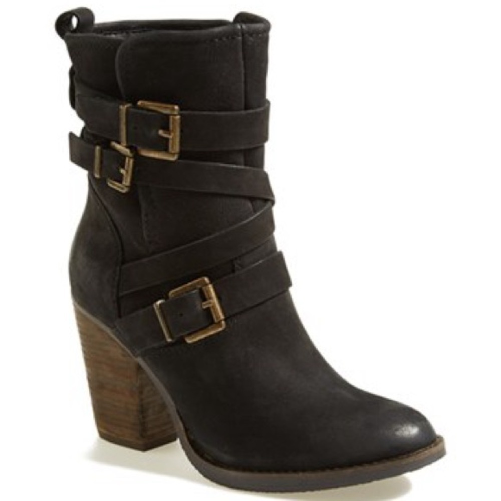 Steve Madden Black Ankle Boots with Gold Buckles